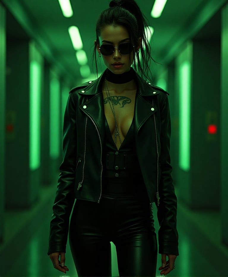 (masterpiece),  (photorealistic). A beautiful girl in the world of the Matrix movie. matrix style leather clothes. sunglas...