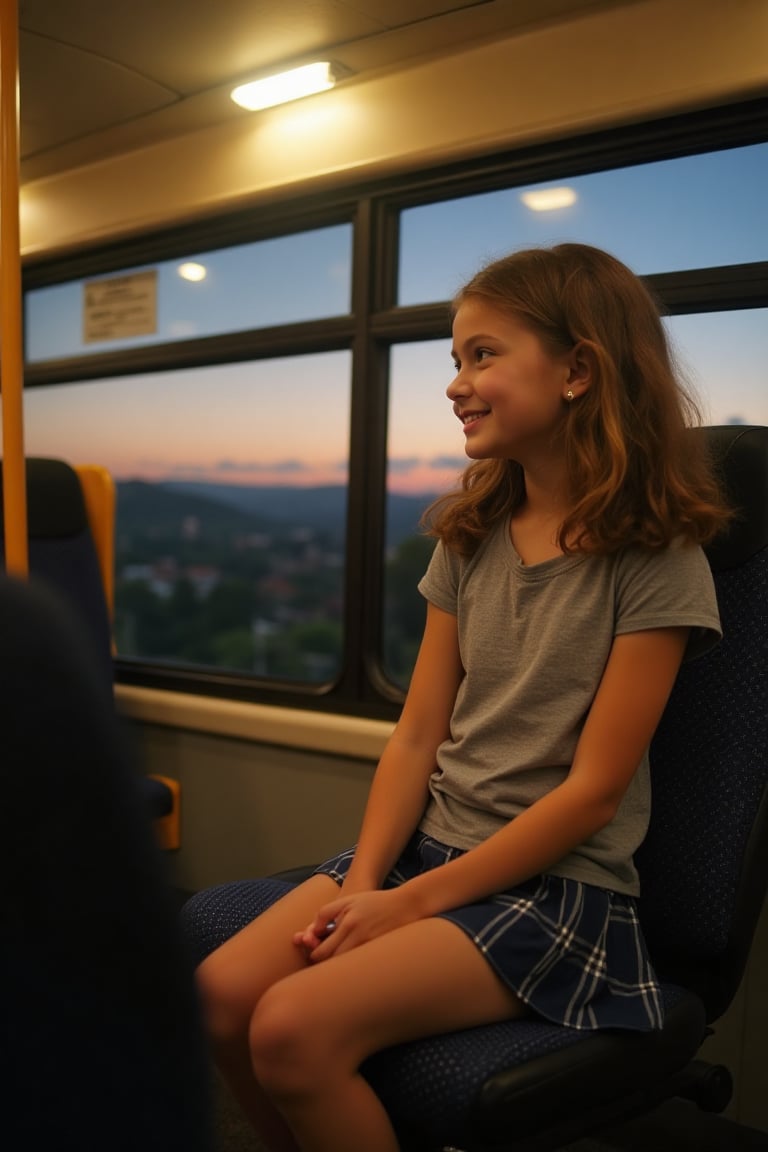 A 9-year-old schoolgirl sits comfortably on a bus,  her short school skirt subtly revealing a flash of underwear. The fluo...