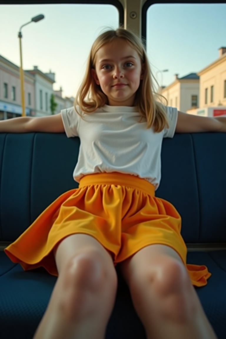 A close-up shot of a 9-year-old schoolgirl sitting comfortably on a city bus,  her beautiful long legs stretched out in fr...