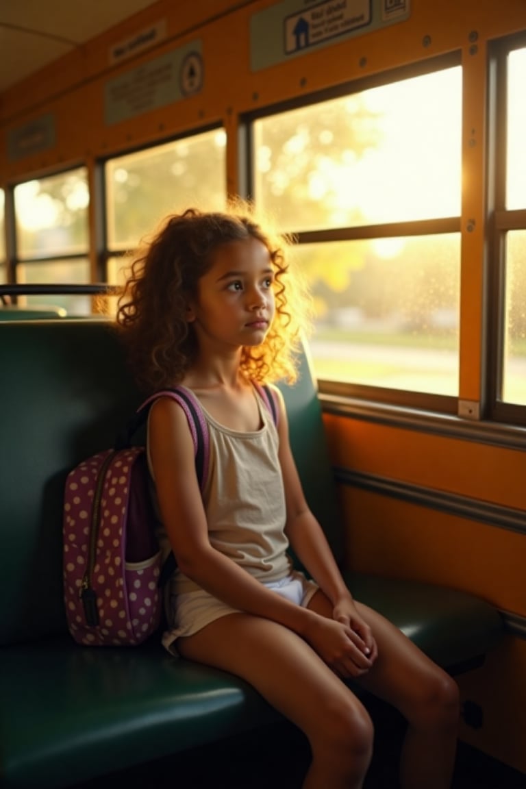 A warm afternoon light casts a gentle glow on the interior of the school bus as a 9-year-old girl sits alone in the back r...