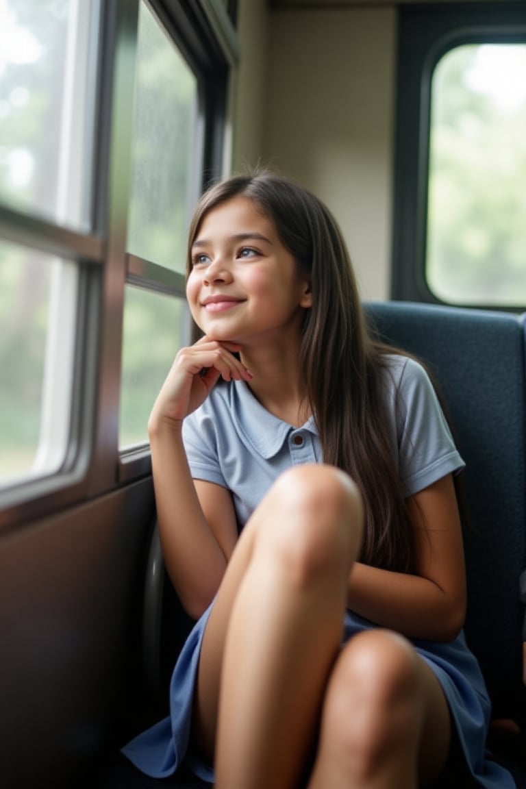 A young student sitting on a bus,  wearing her school skirt and showcasing her beautiful long legs. The camera frames her...