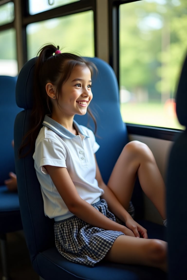 A young student sitting on a bus,  wearing her school skirt and showcasing her beautiful long legs. The camera frames her...