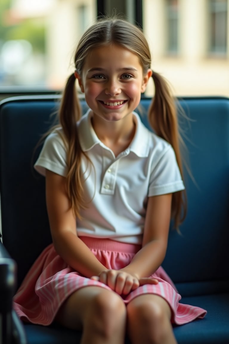 A close-up shot of a 9-year-old schoolgirl sitting on a city bus,  her bright smile and sparkling eyes captivating the vie...