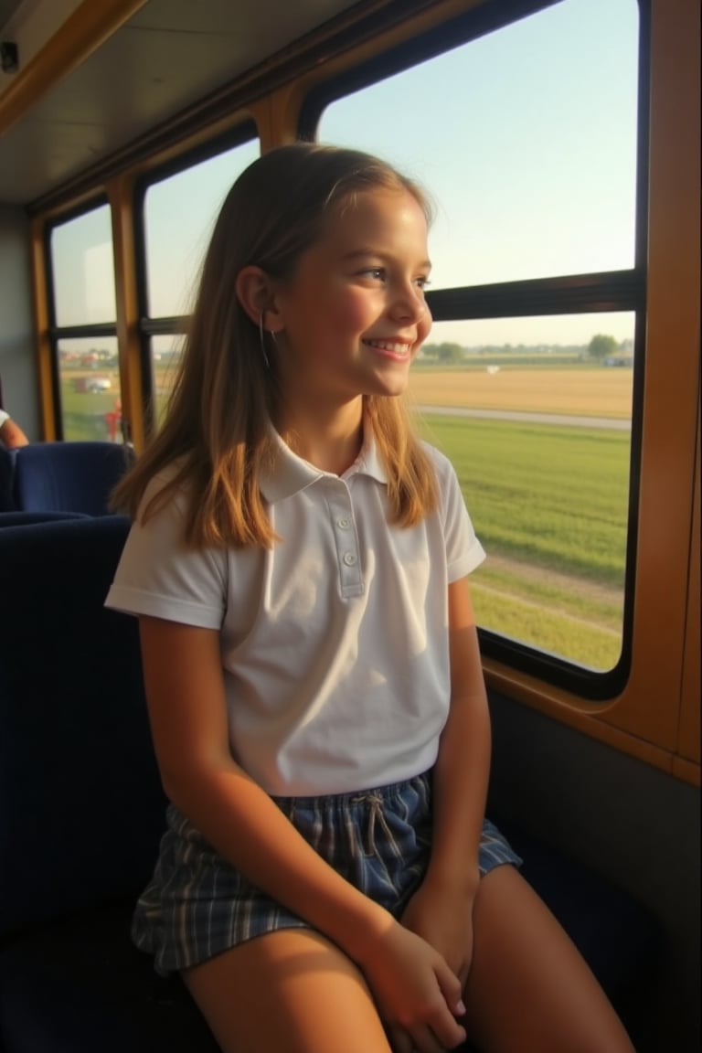 A 9-year-old schoolgirl sits comfortably on a bus,  her short school skirt subtly revealing a flash of underwear. The fluo...