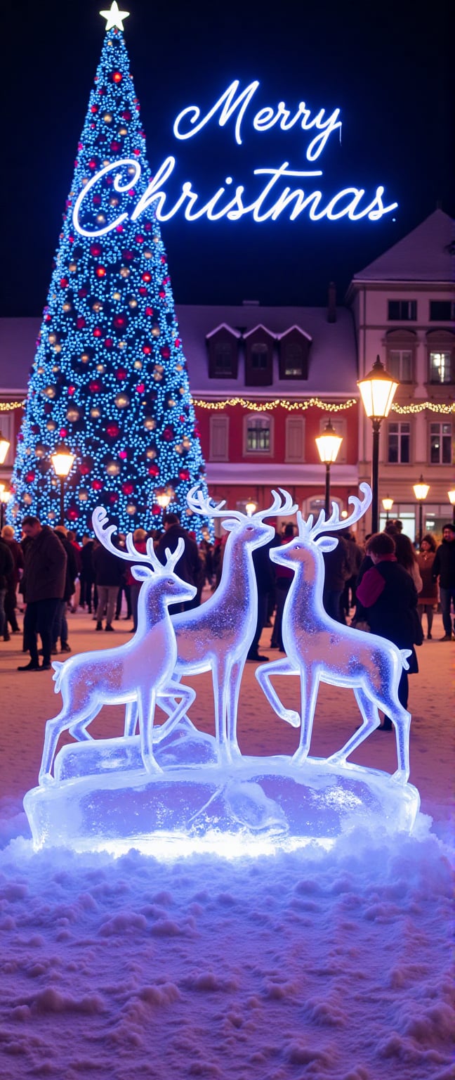 (ice sculptures focus,  neon light focus). A charming Christmas night scene with majestic ice sculptures of animals deer i...
