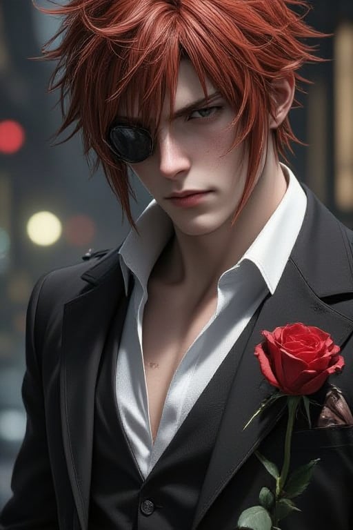 Reno Sinclair final fantasy seven character,  medium muscular build with red spiky hair,  wearing motorcycle goggles on hi...