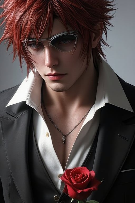 Reno Sinclair final fantasy seven character,  medium muscular build with red spiky hair,  wearing motorcycle goggles on hi...