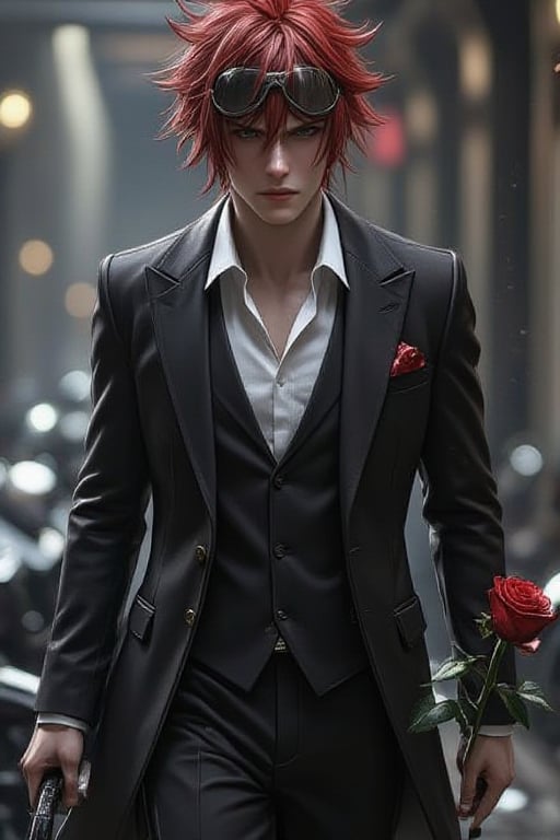 Reno Sinclair final fantasy seven character,  medium muscular build with red spiky hair,  wearing motorcycle goggles on hi...
