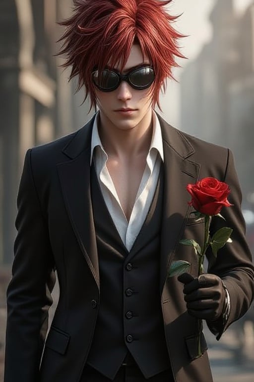 Reno Sinclair final fantasy seven character,  with red spiky hair,  wearing motorcycle goggles on his forehead by Wesley N...