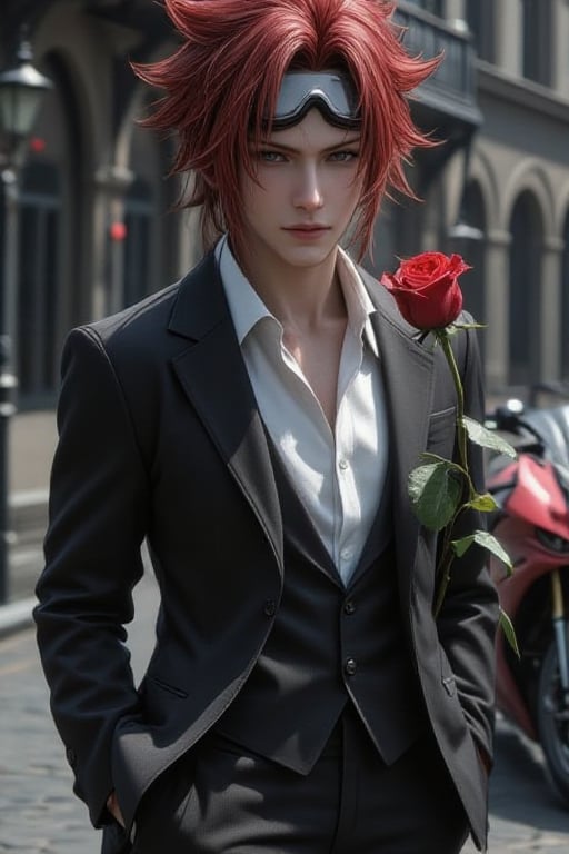 Reno Sinclair final fantasy seven character,  with red spiky hair,  wearing motorcycle goggles on his forehead by Wesley N...