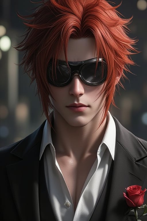 Reno Sinclair final fantasy seven character,  medium muscular build with red spiky hair,  wearing motorcycle goggles on hi...