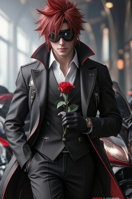 Reno Sinclair final fantasy seven character,  medium muscular build with red spiky hair,  wearing motorcycle goggles on hi...