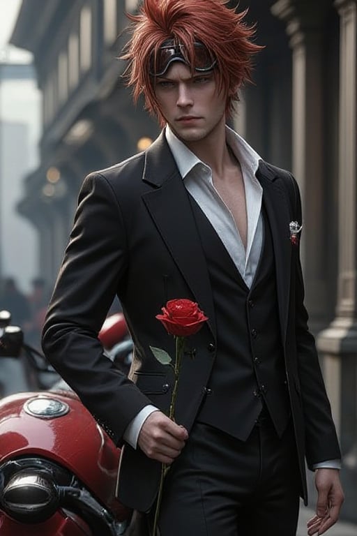 Reno Sinclair final fantasy seven character,  with red spiky hair,  wearing motorcycle goggles on his forehead by Wesley N...