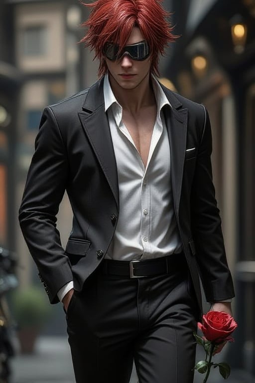 Reno Sinclair final fantasy seven character,  medium muscular build with red spiky hair,  wearing motorcycle goggles on hi...