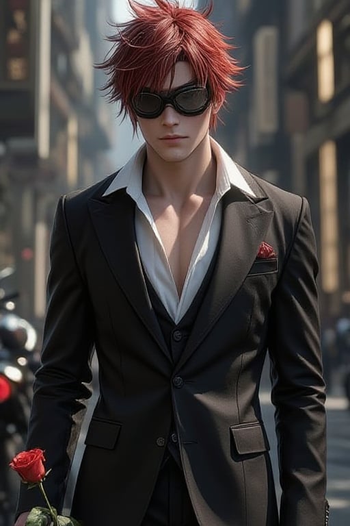 Reno Sinclair final fantasy seven character,  medium muscular build with red spiky hair,  wearing motorcycle goggles on hi...