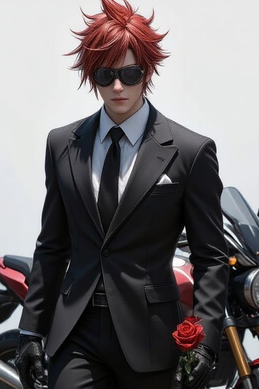 Reno Sinclair final fantasy seven character,  medium muscular build with red spiky hair,  wearing motorcycle goggles on hi...