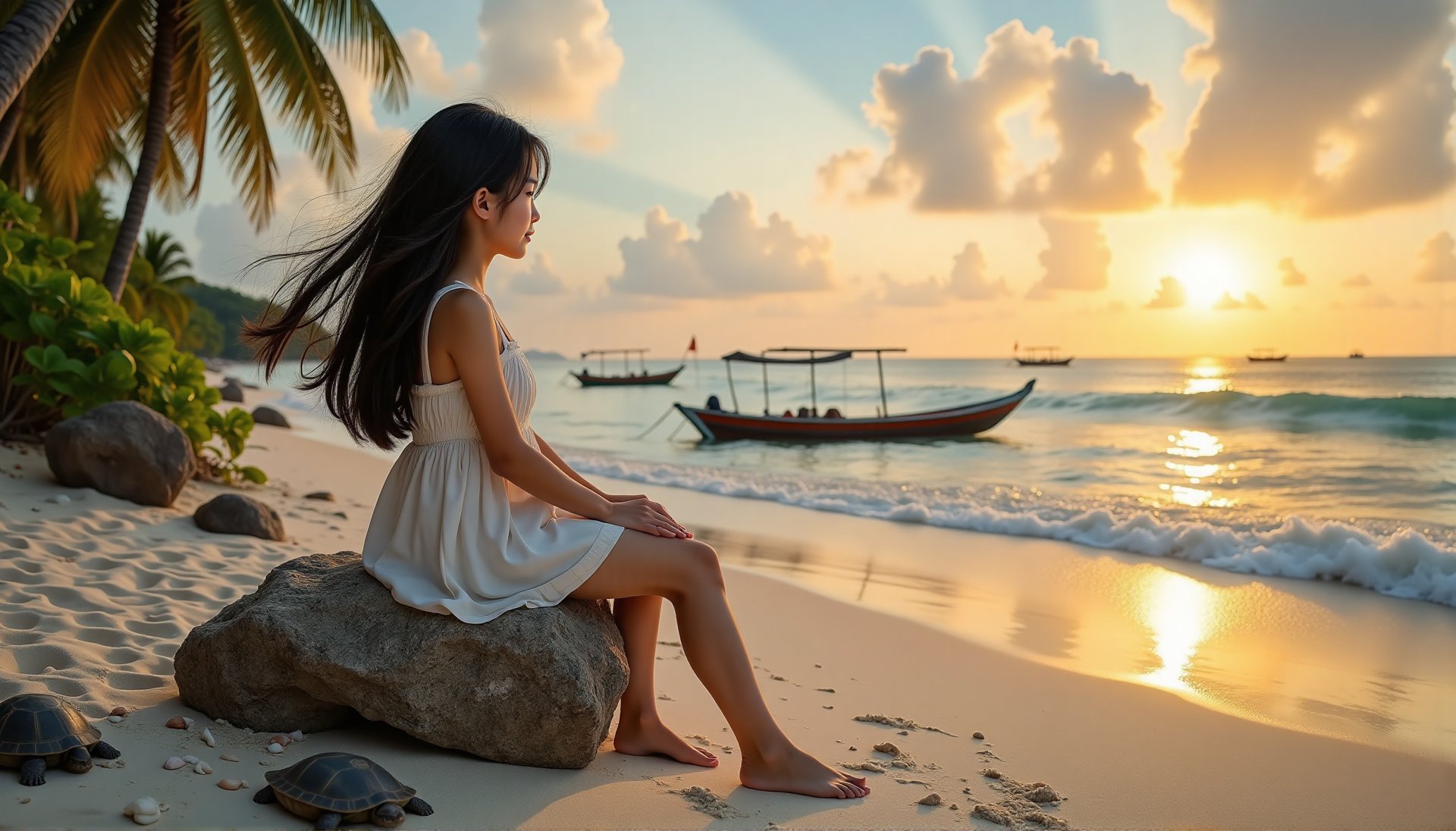 Hyper realistic portrait of a young girl,  long black hair flowing blown by the wind,  sitting on the large rock on the wh...