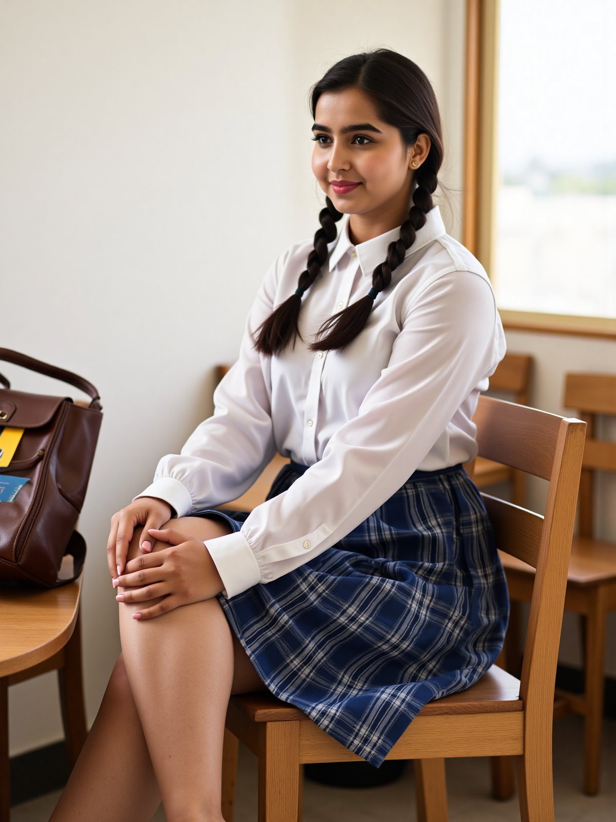 A young woman,  dressed in a crisp white blouse with a blue plaid skirt,  sits on a wooden desk chair by Desi Sisters on T...