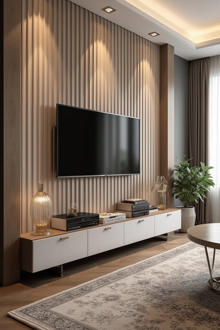 A fluted wall TV panel design by user_792046489970097790 on Tensor.Art
