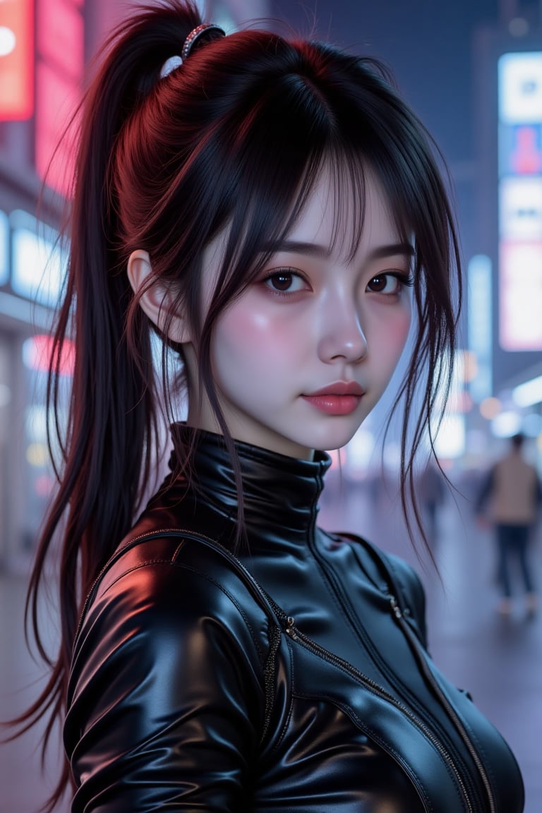 Photorealism image of a beautiful young girl model with black ponytail hair wearing fantasy outfit,  cyberpunk theme,  hig...