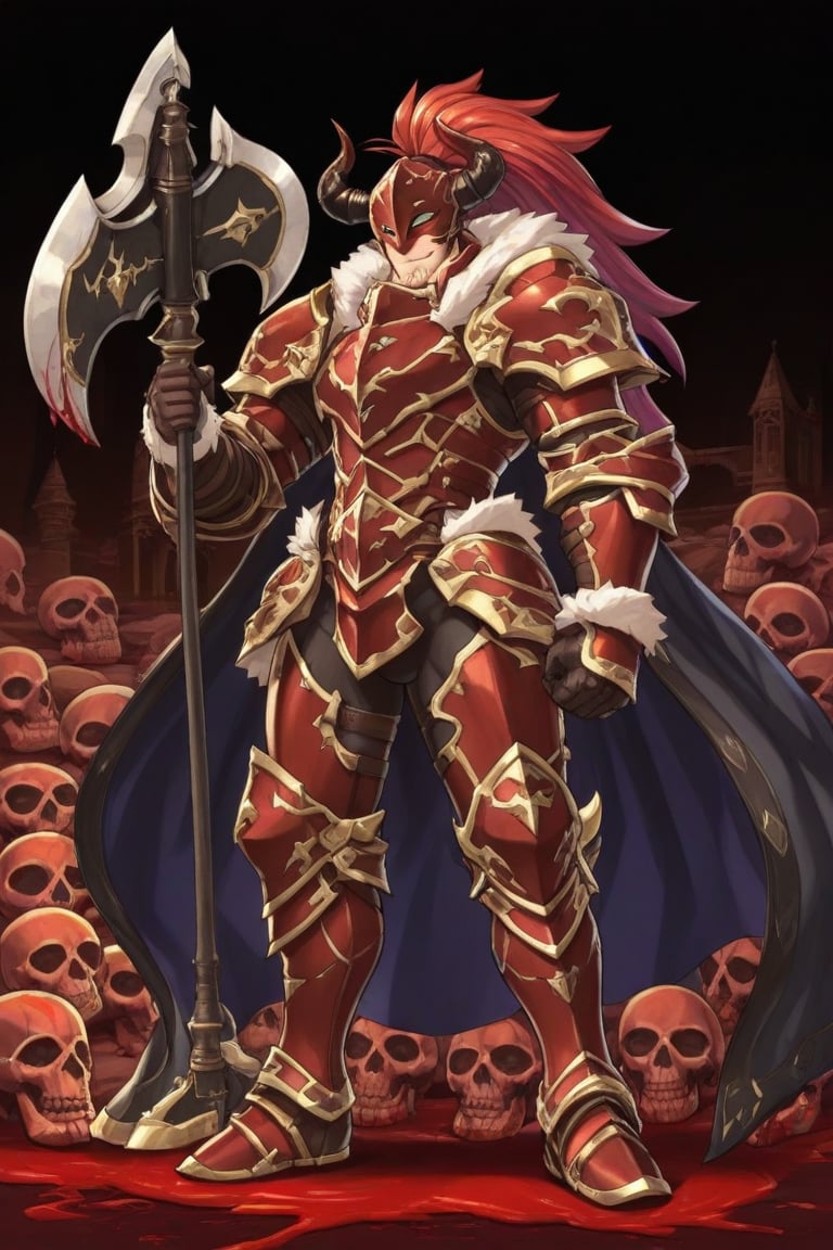A dark medieval scene at night in an ancient,  evil church. A mature male Belgrieve stands amidst blood-soaked ground,  su...