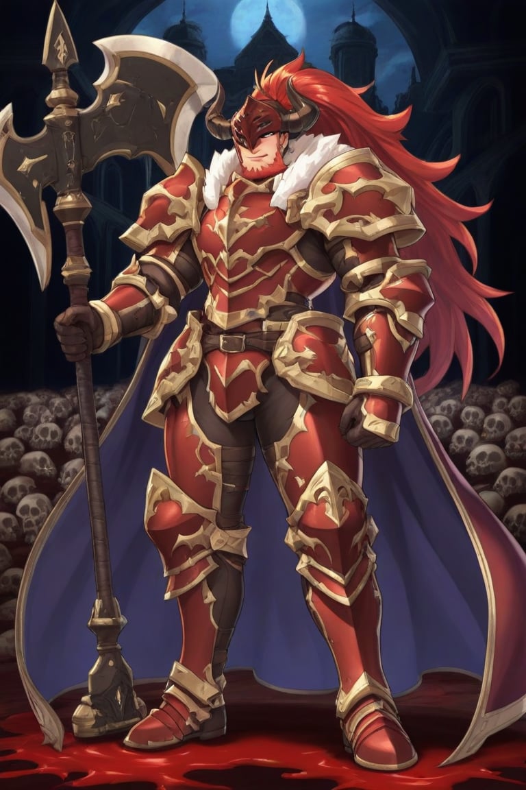 A dark medieval scene at night in an ancient,  evil church. A mature male Belgrieve stands amidst blood-soaked ground,  su...