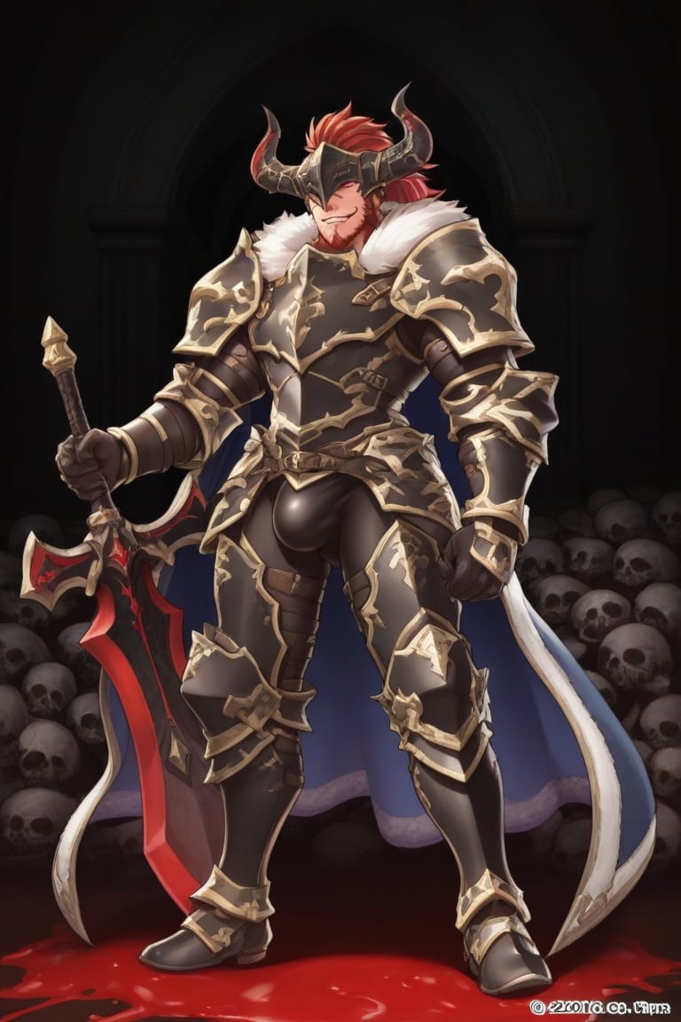 A dark medieval scene at night in an ancient,  evil church. A mature male Belgrieve stands in a battle stance amidst blood...