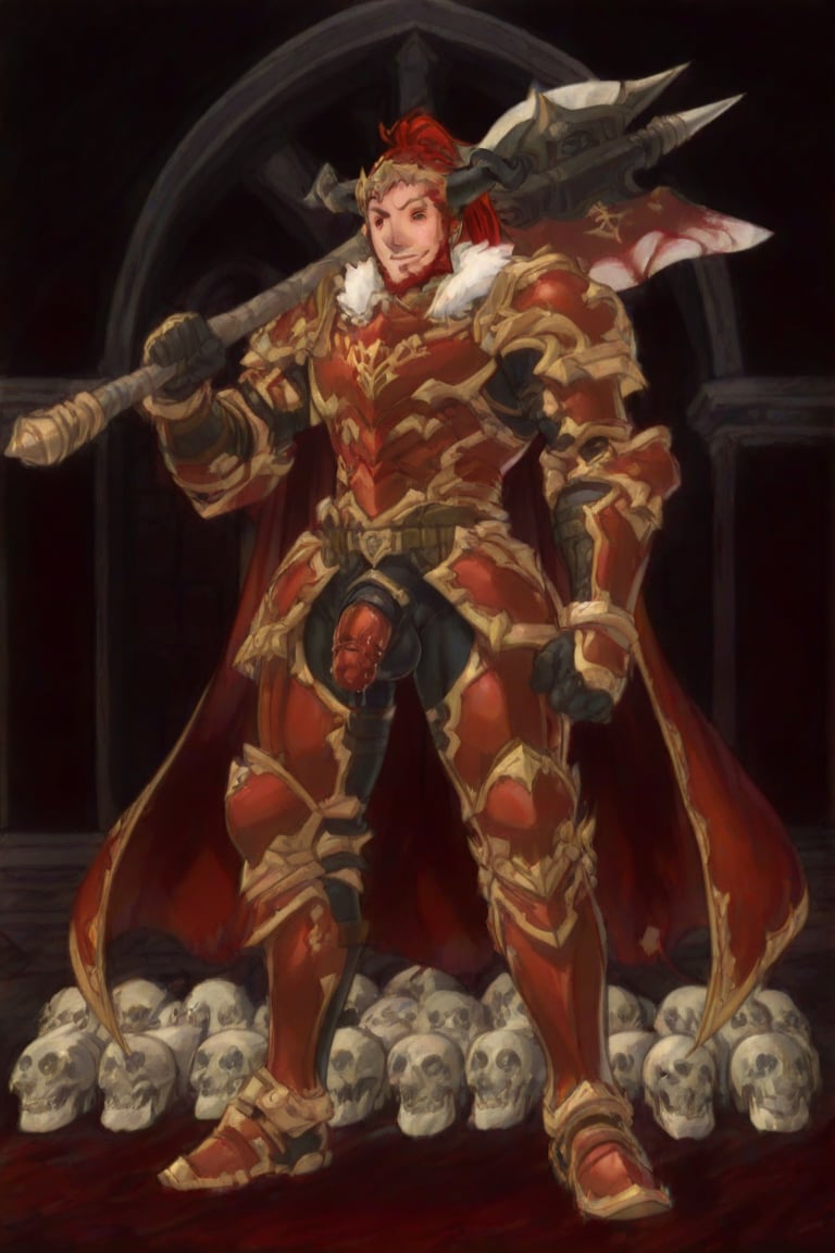 A dark medieval scene at night in an ancient,  evil church. A mature male Belgrieve stands in a battle stance amidst blood...