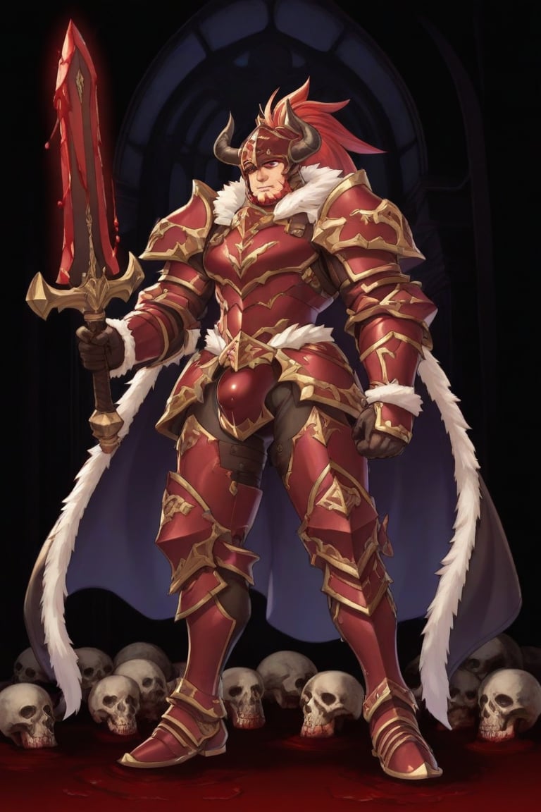 A dark medieval scene at night in an ancient,  evil church. A mature male Belgrieve stands in a battle stance amidst blood...
