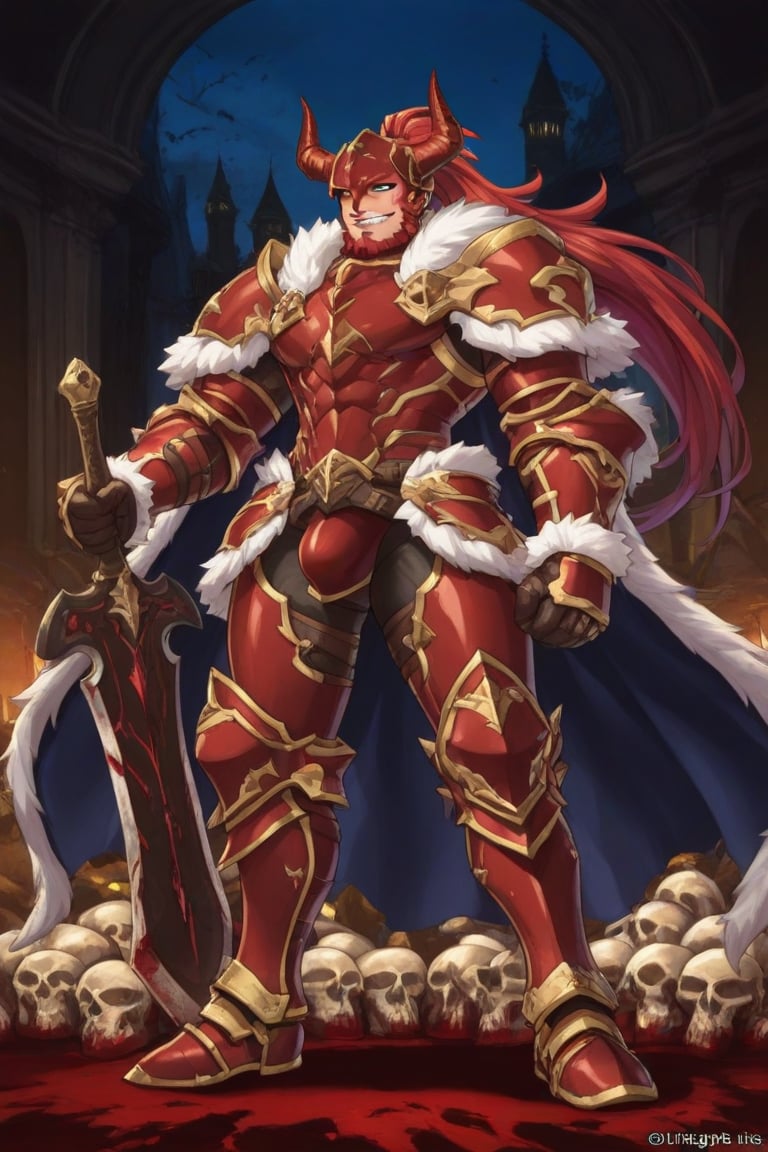 A dark medieval scene at night in an ancient,  evil church. A mature male Belgrieve stands in a battle stance amidst blood...