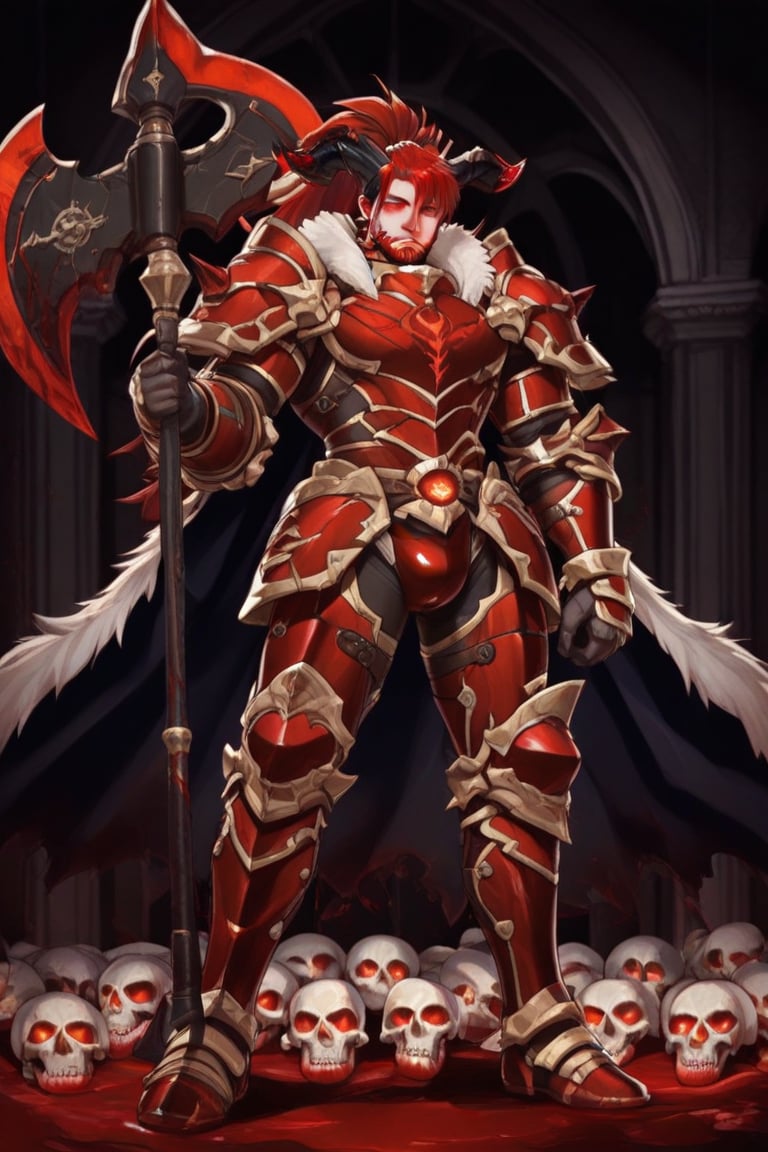 A dark medieval scene at night in an ancient,  evil church. A mature male Belgrieve stands amidst blood-soaked ground,  su...
