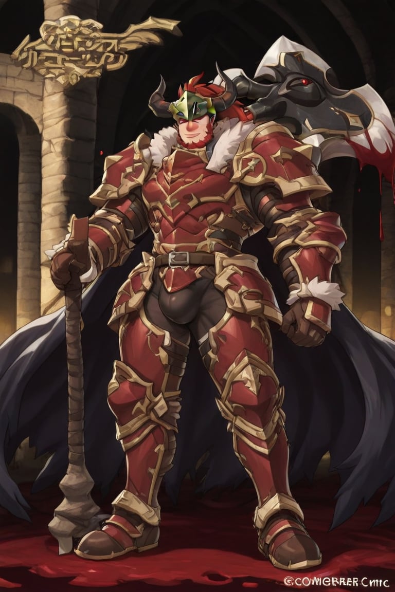 A dark medieval scene at night in an ancient,  evil church. A mature male Belgrieve stands amidst blood-soaked ground,  su...