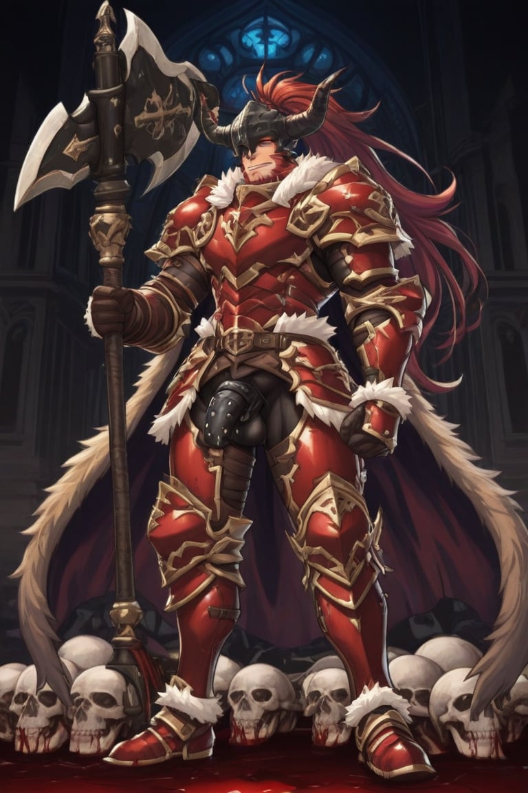 A dark medieval scene at night in an ancient,  evil church. A mature male Belgrieve stands in a battle stance amidst blood...