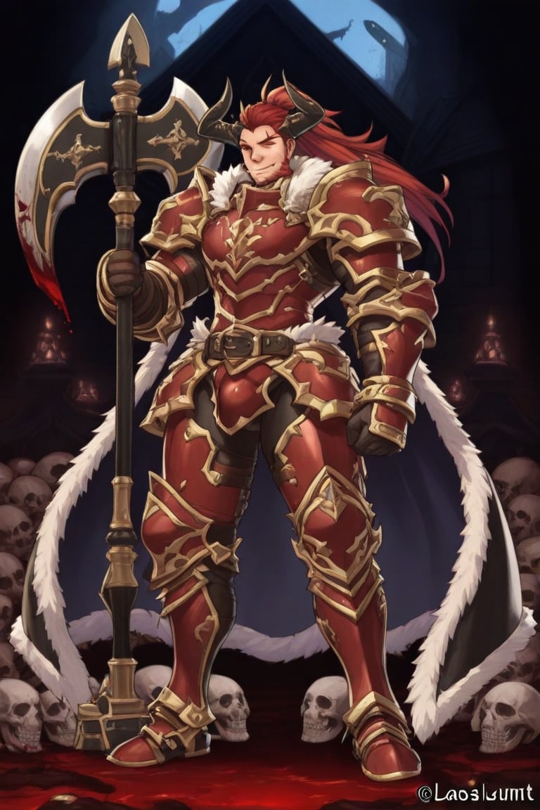 A dark medieval scene at night in an ancient,  evil church. A mature male Belgrieve stands in a battle stance amidst blood...