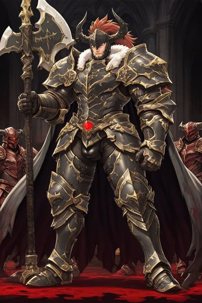 A dark medieval scene at night in an ancient,  evil church. A mature male Belgrieve stands amidst blood-soaked ground,  su...