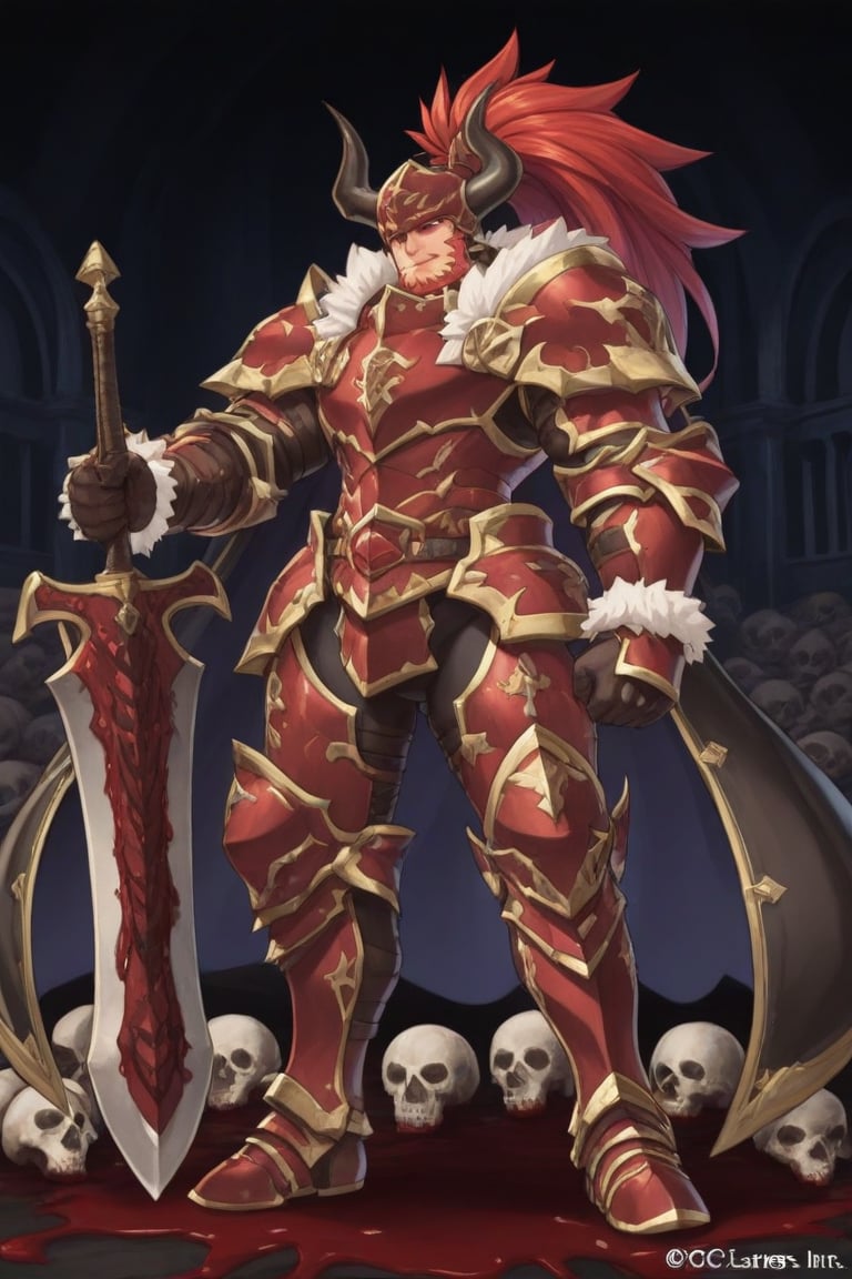 A dark medieval scene at night in an ancient,  evil church. A mature male Belgrieve stands in a battle stance amidst blood...