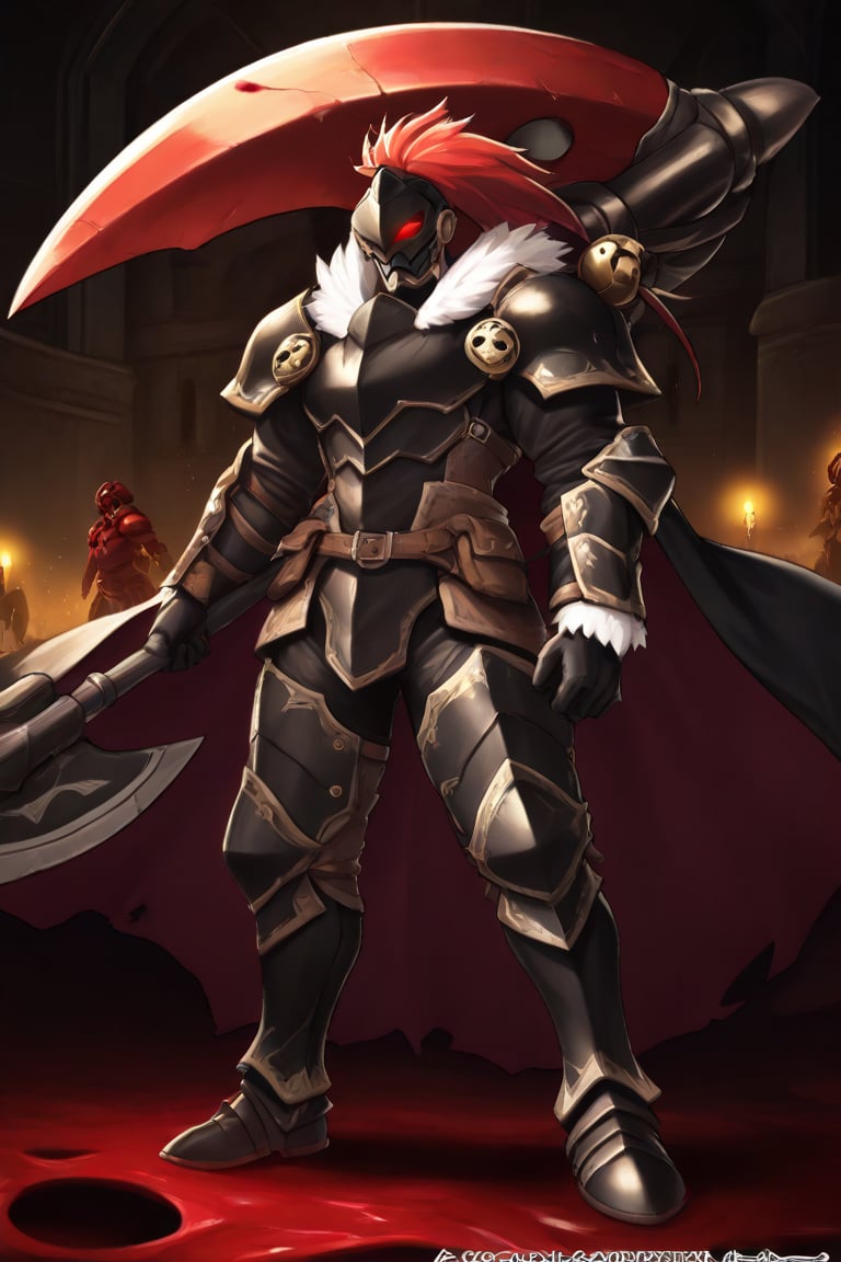 A dark medieval scene at night in an ancient,  evil church. A mature male Belgrieve stands amidst blood-soaked ground,  su...