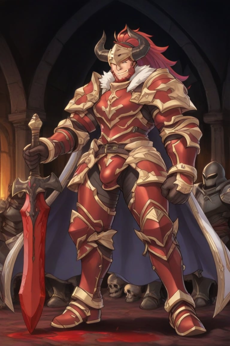 A dark medieval scene at night in an ancient,  evil church. A mature male Belgrieve stands in a battle stance amidst blood...