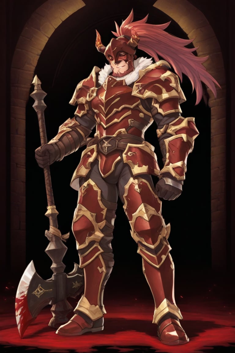 A dark medieval scene at night in an ancient,  evil church. A mature male Belgrieve stands amidst blood-soaked ground,  su...
