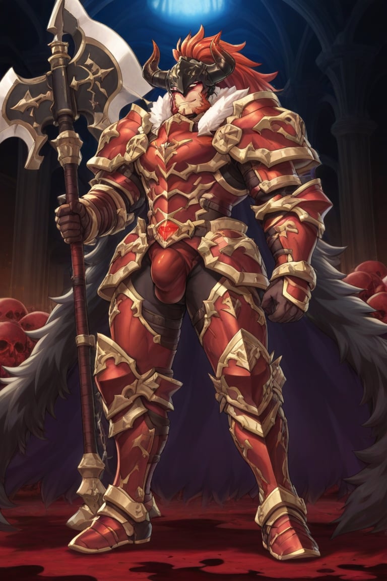 A dark medieval scene at night in an ancient,  evil church. A mature male Belgrieve stands amidst blood-soaked ground,  su...