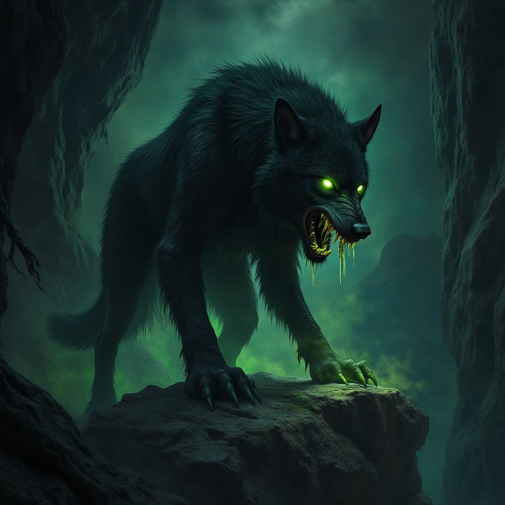 A massive black dire wolf stands menacingly on a jagged rocky ledge deep within a shadowy underground cavern. Its glowing,...