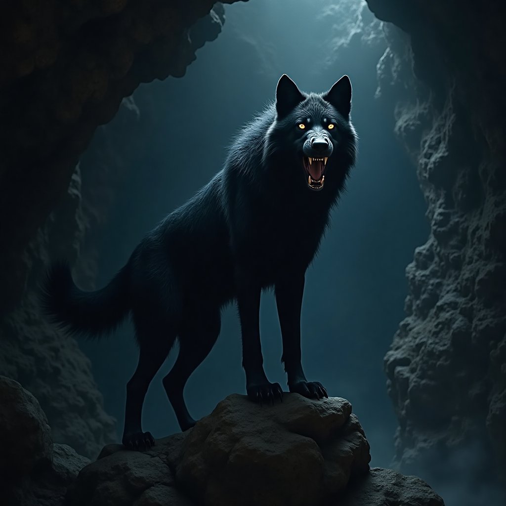 In a deep underground cavern,  A snarling giant black dire wolf standing on top of a ledge,  wolf looking down at viewer b...