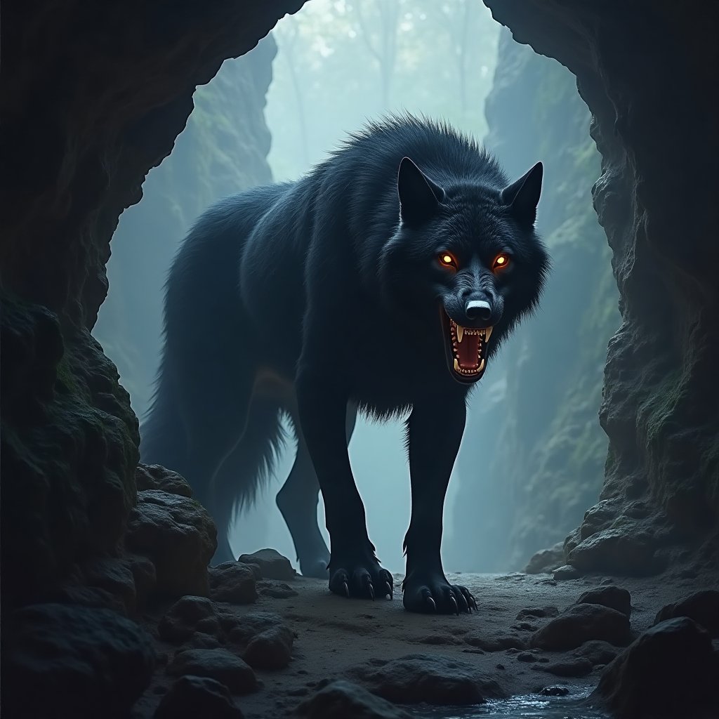 A snarling giant black dire wolf standing atop a cliff looking down at viewer in a cave by Bigeek42 on Tensor.Art