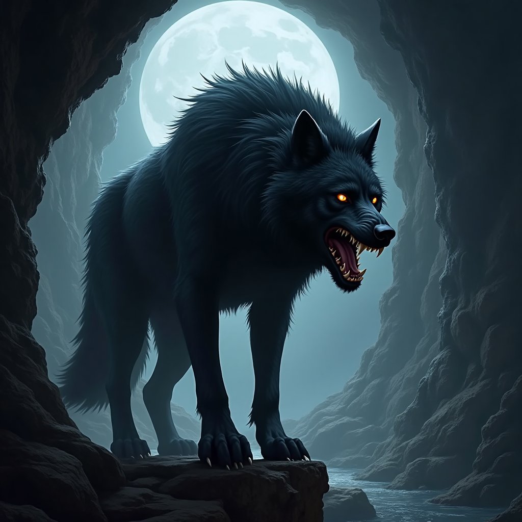 In a cavern ,  A snarling giant black dire wolf standing on top of a ledge ((looking down at viewer)) by Bigeek42 on Tenso...