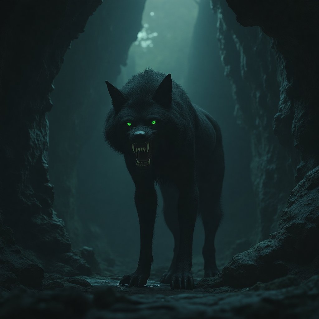 In a deep underground cavern,  A snarling giant black dire wolf with glowing sickly green eyes standing on top of a ledge...
