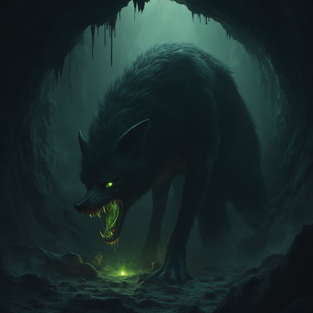 A dark underground cavern with a massive black dire wolf on a rocky ledge,  glowing green eyes,  snarling jaws dripping ac...