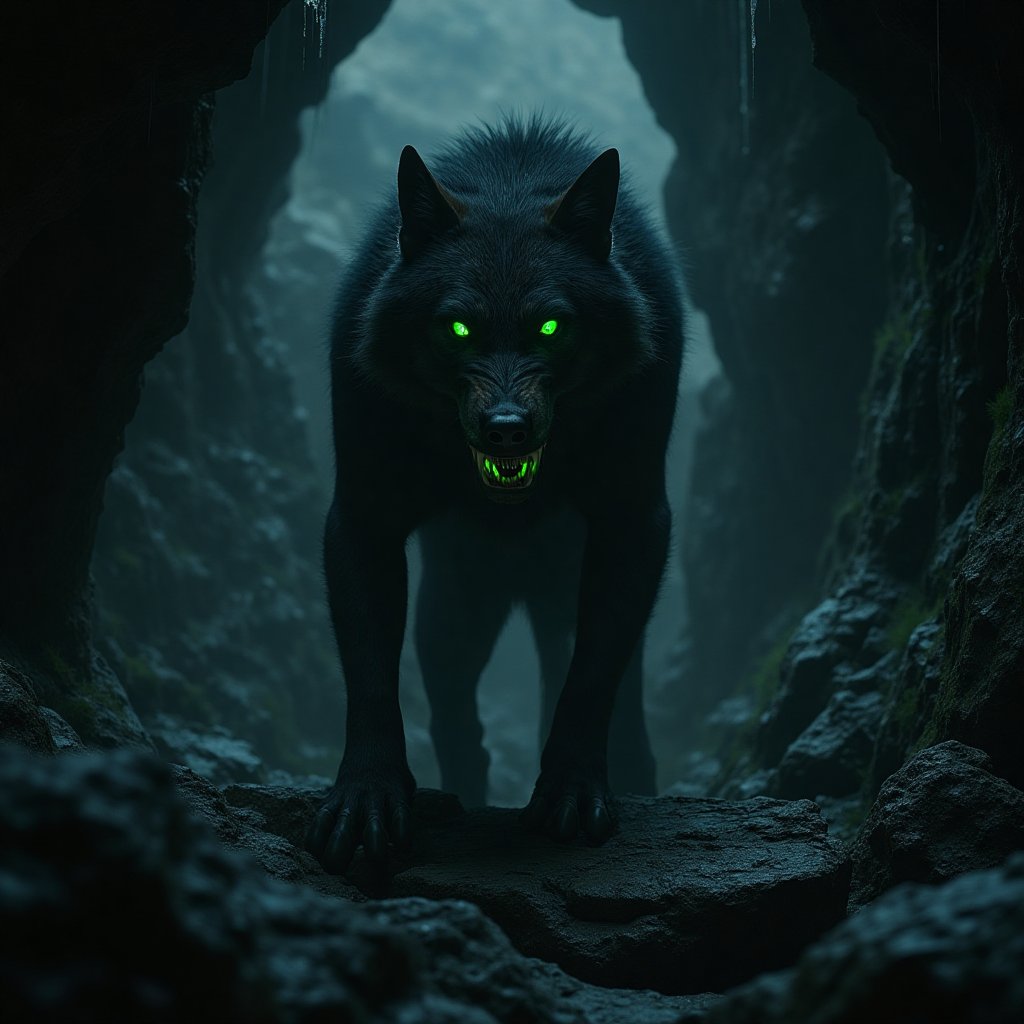 In a darkened underground cavern,  a massive black dire wolf stands at the edge of a jagged rocky ledge,  its stance comma...