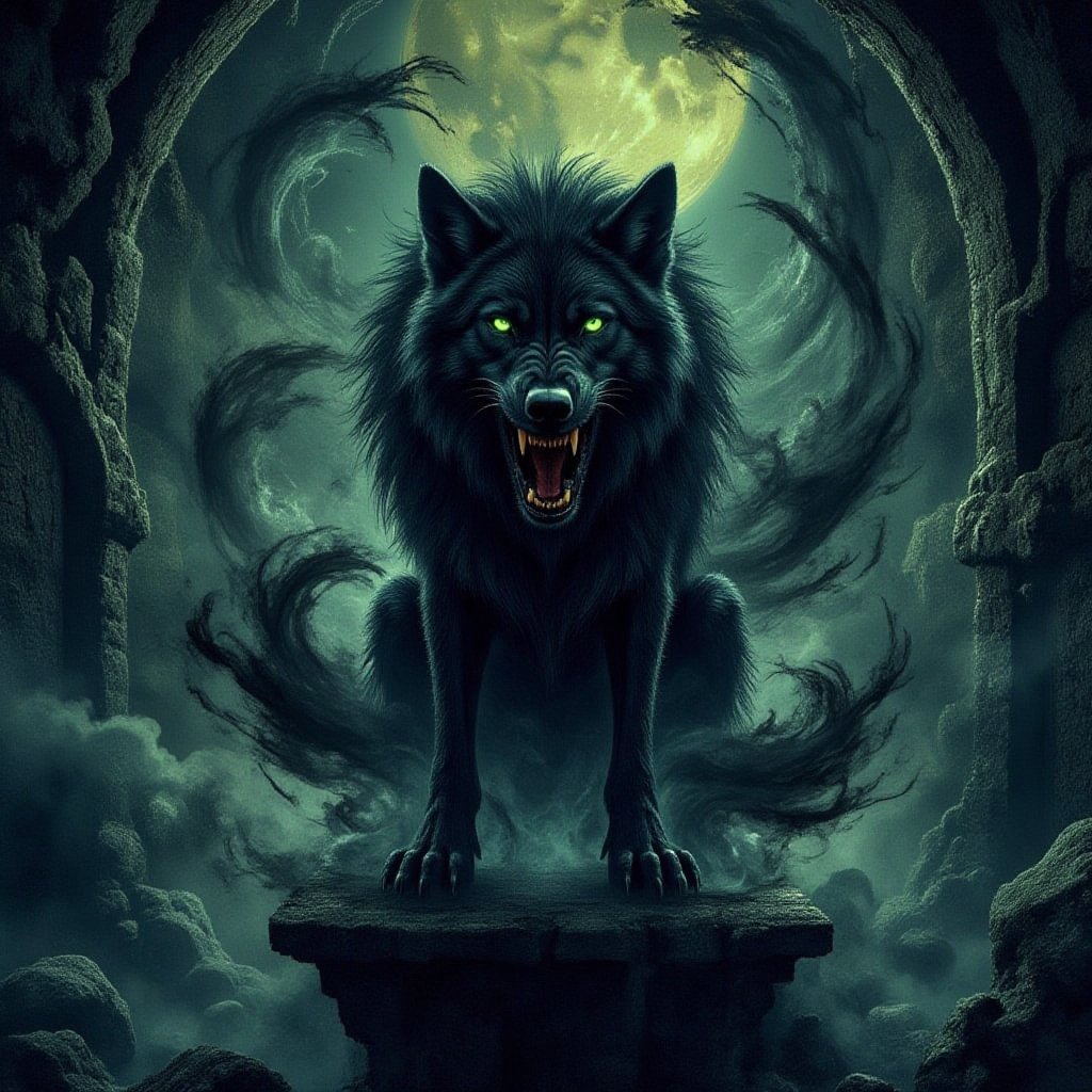 In a deep underground cavern,  A snarling giant black dire wolf standing on top of a ledge,  wolf looking down at viewer b...