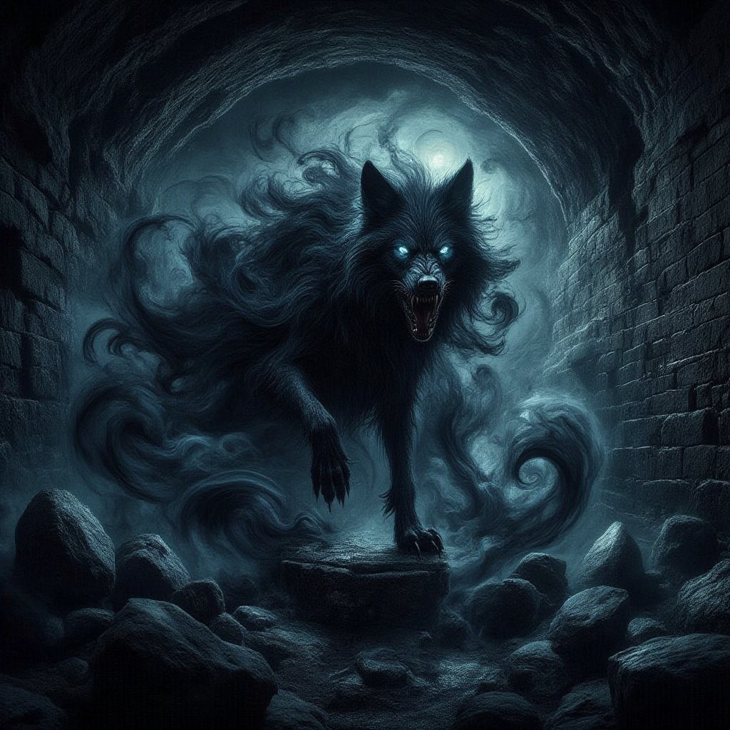 In a deep underground cavern,  A snarling giant black dire wolf standing on top of a ledge,  wolf looking down at viewer b...