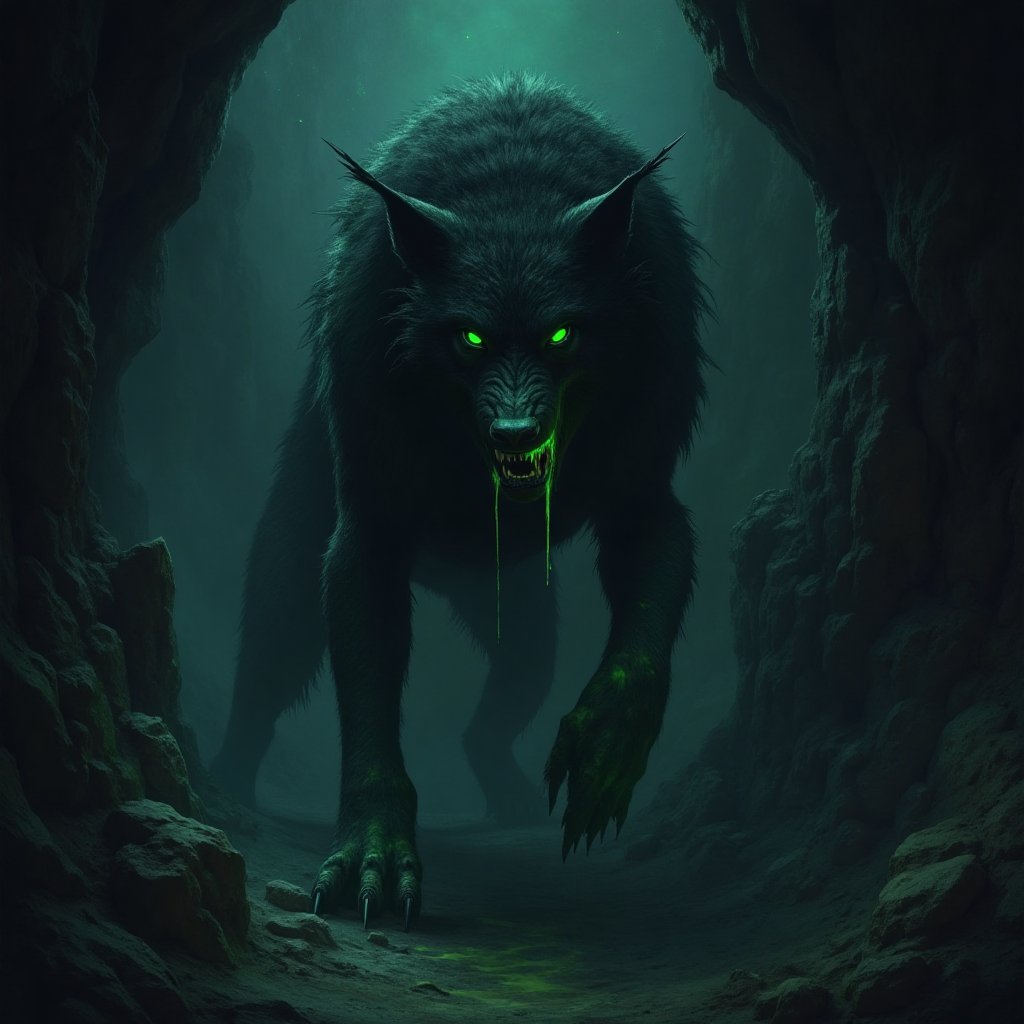 A massive black dire wolf stands menacingly on a jagged rocky ledge deep within a shadowy underground cavern. Its glowing,...